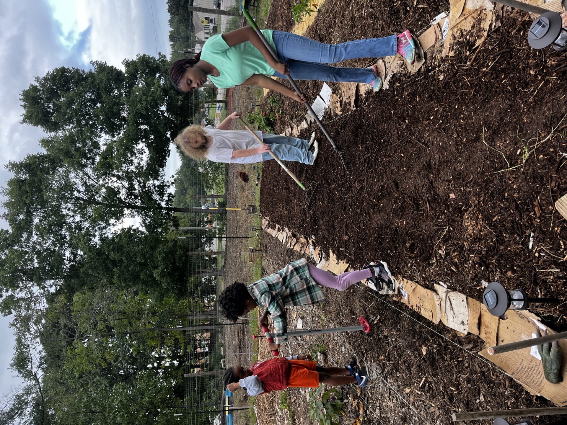 Youth and neighbors preparing beds together on the Oasis Youth Farm